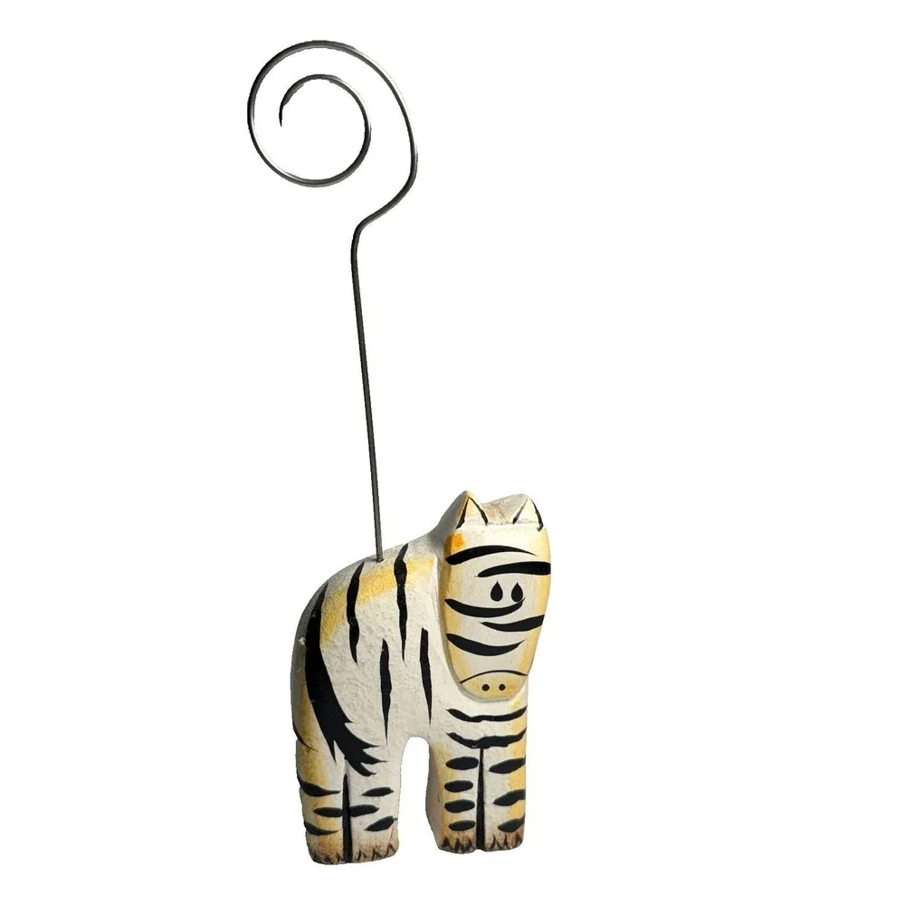 VTG Pier 1 Photo Holder Wire Picture Hanger Folk Art Zebra Figurine Carved Mail